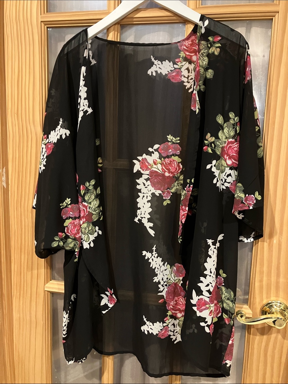 Floral Sheer Kimono Cardigan - Black with Pink Roses